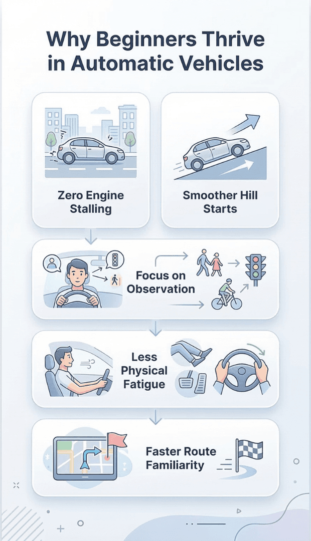 Why Beginners Thrive in Automatic Vehicles Infographic